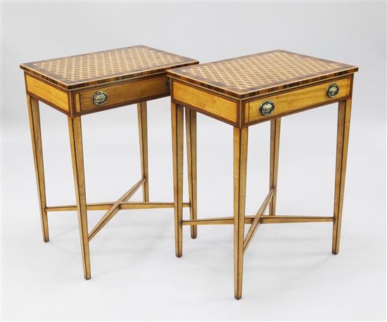 A pair of satinwood and rosewood crossbanded rectangular side tables, W. 1ft 10in.